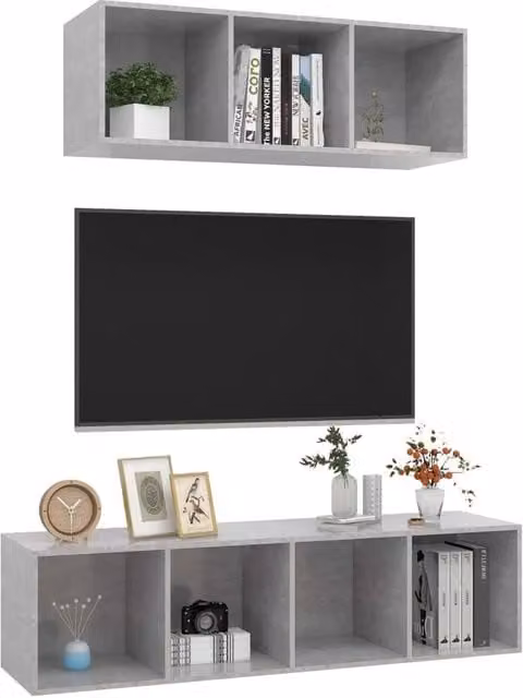 Berkfield Home Practical 2 Piece Modern Wall Mounted TV Cabinet Set in Matt Concrete Grey – 1