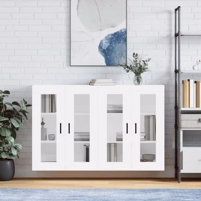 Berkfield Home Set of 2 White Modern Wall Mounted Cabinets with Glass Doors and Internal Shelves