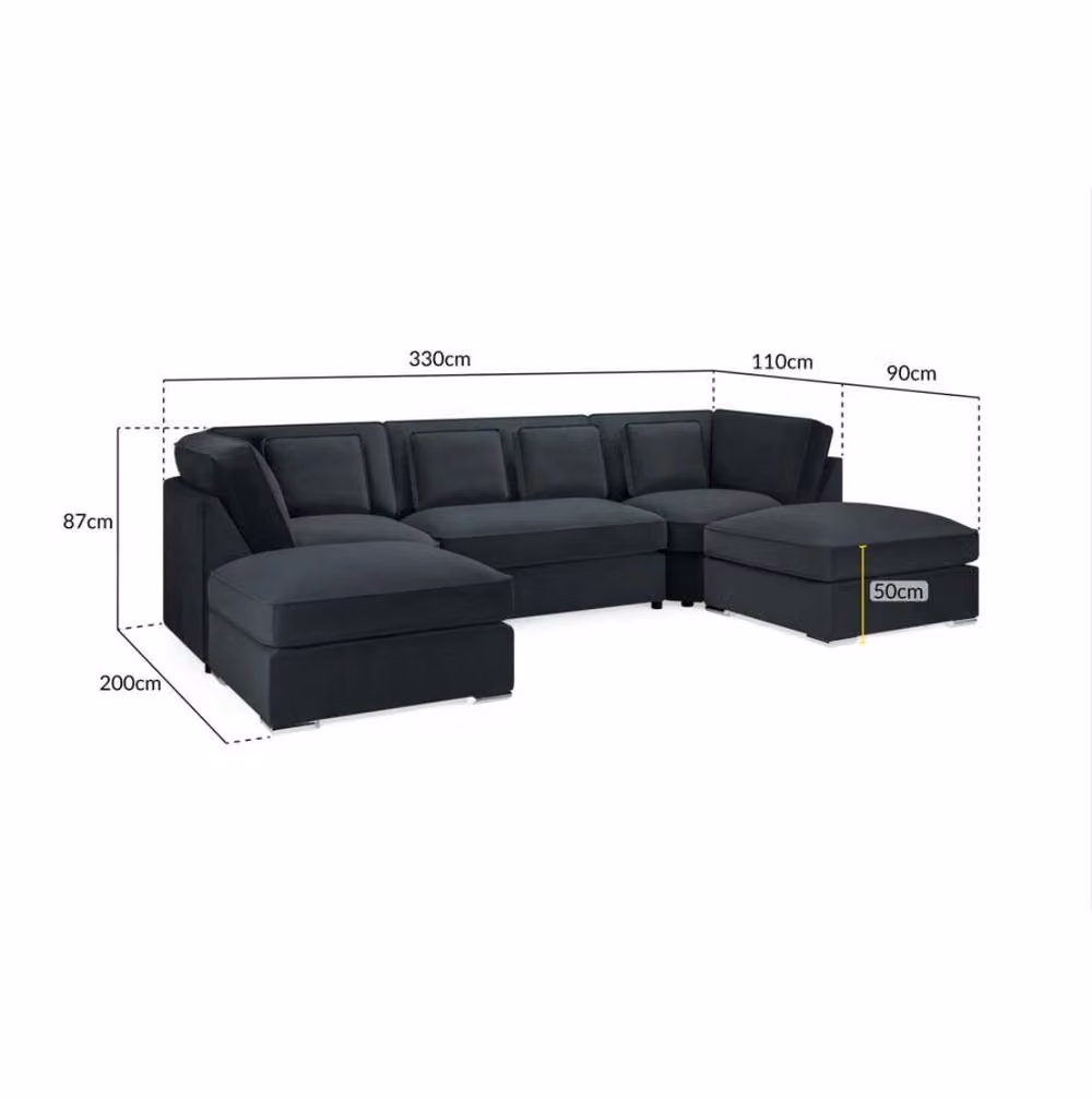 Stratus Interiors Belgravia Large U Shape Fullback Cushion Sofa in Black with Matching Ottoman – 2