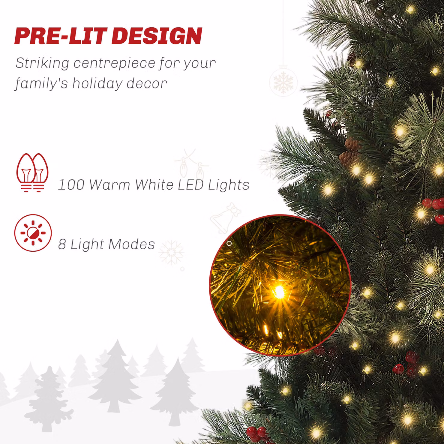 HOMCOM Small Green Christmas Tree with 100 Warm White LED Lights, 8 Modes and Red Berries, Height: 120 cm – 4