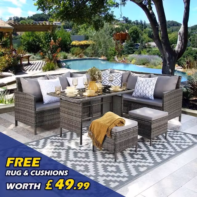 Home Garden Direct Thalia 8 Seater Grey and Beige Rattan Garden Corner Sofa Dining Set