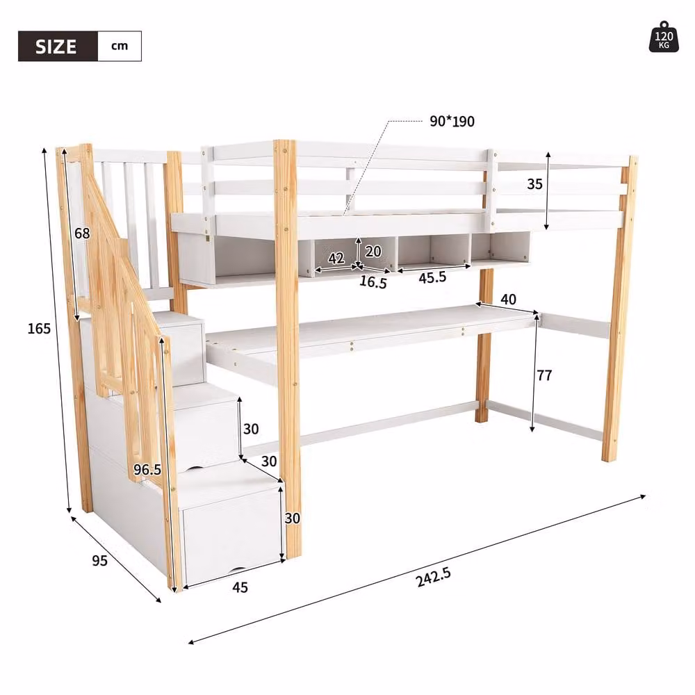 Rolipo White Solid Pine Wood House Loft Bed for Children with Storage Stairs and Side Compartments, W: 90 cm, L: 190 cm – 3