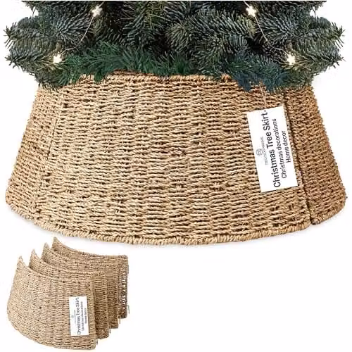 DECO EXPRESS Woven Christmas Tree Skirt in Beige, Round Rattan Base Cover, W/D/H: 66 x 51 x 25 cm – 1