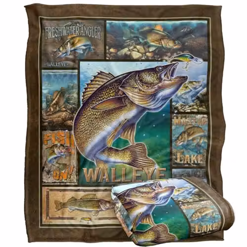 JQ Licensing Walleye Fishing Silky Touch Super Soft Fleece Throw Blanket, White, W/D: 152 x 127 cm