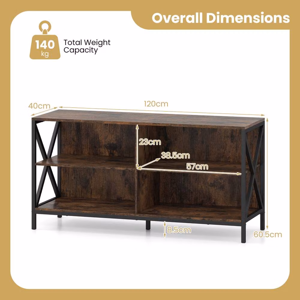 Gymax Industrial TV Stand and Entertainment Centre with 4 Open Storage Shelves in Brown and Metal – 2