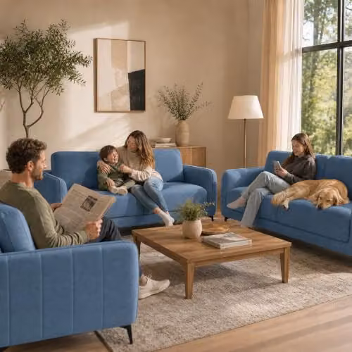 Bravich Brixton 3 Piece Blue Fabric Sofa Set with Solid Wood Frame and Foam Cushions – 2