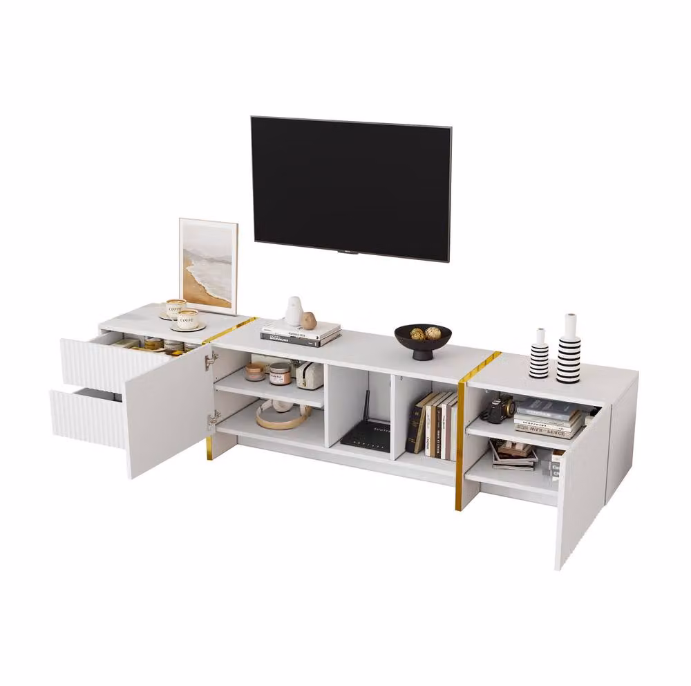STILVORA Modern White and Gold TV Stand for TVs up to 85 inches with Storage – 3