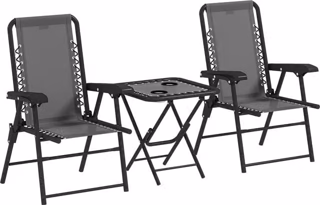 Outsunny Three-Piece Modern Garden Table and Chair Set in Grey with Glass Top and Powder Coated Steel Frame