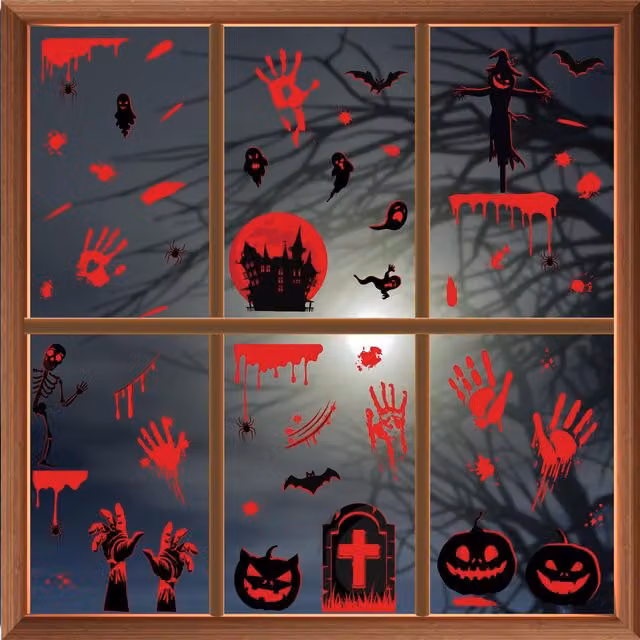WALPLUS House of Horrors Autumn Halloween Adhesive Window Clings in Red and Black