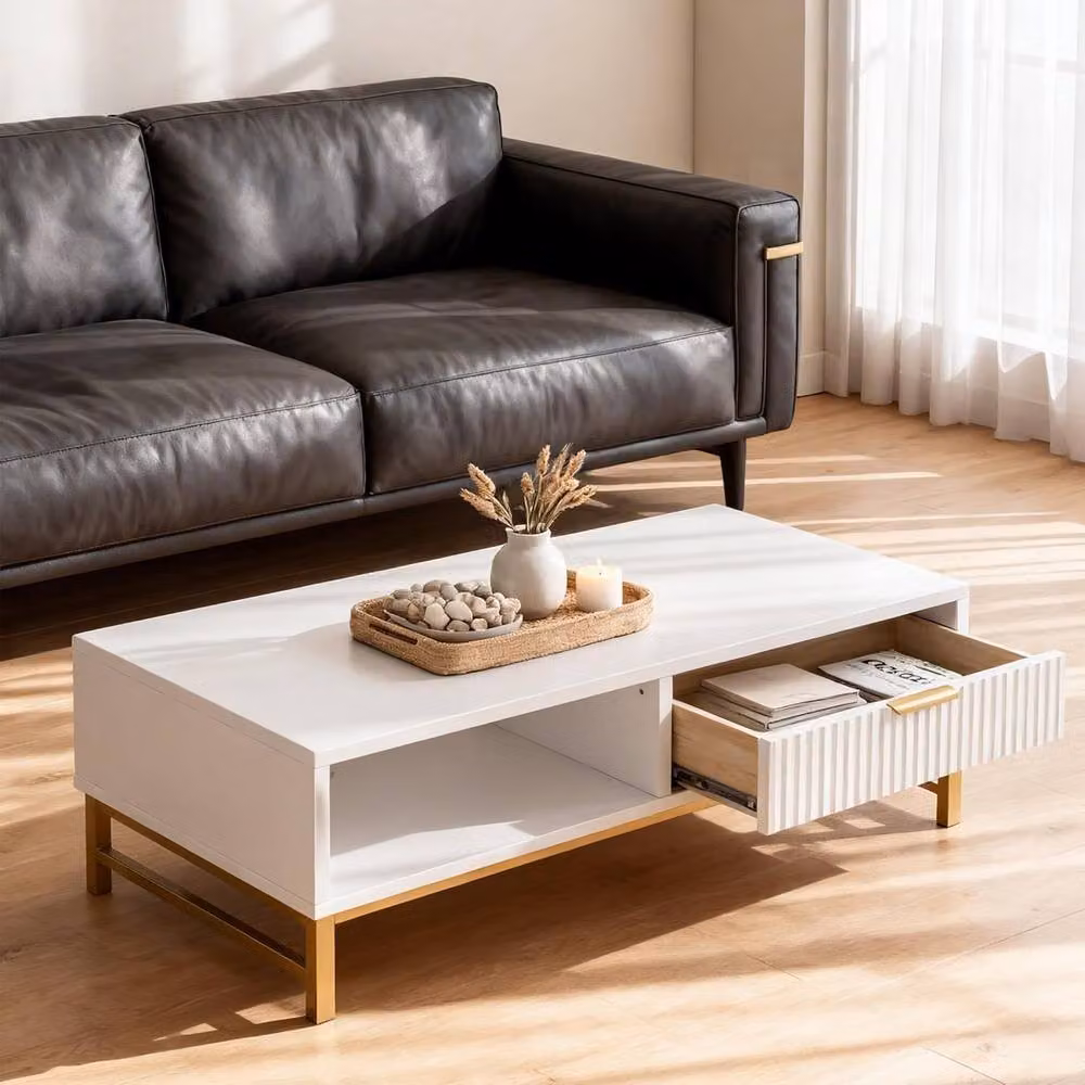 Furniture One Modern White and Gold Rectangular Coffee Table with Drawer and Open Shelf – 2