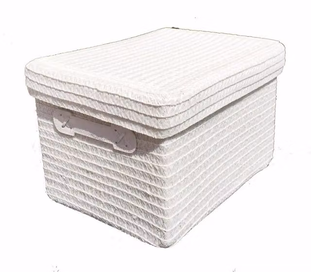 Topfurnishing White Fabric and Plastic Storage Basket with Handles and Lid, Diameter: 24 cm