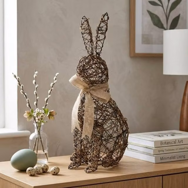 Garden Greatness Standing Rattan Bunny Decoration in Natural Brown for Easter and Spring Decor
