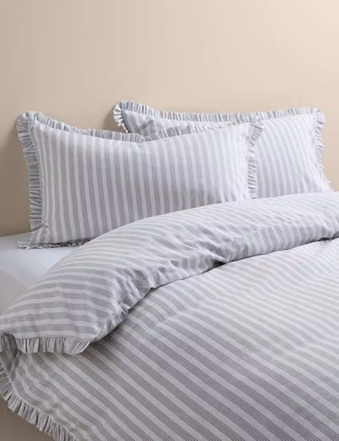 M&S Pure Cotton Narrow Stripe Ruffle Bedding Set in Grey Mix, W: 140 cm, L: 200 cm