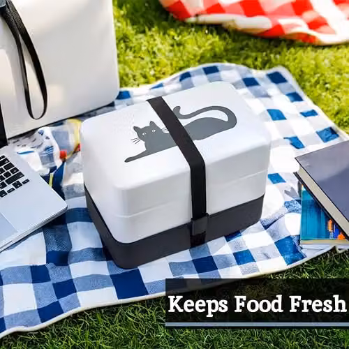 Premier Housewares Grub Tub Cat Bento Lunch Box with Cutlery and Compartments, White and Grey – 5