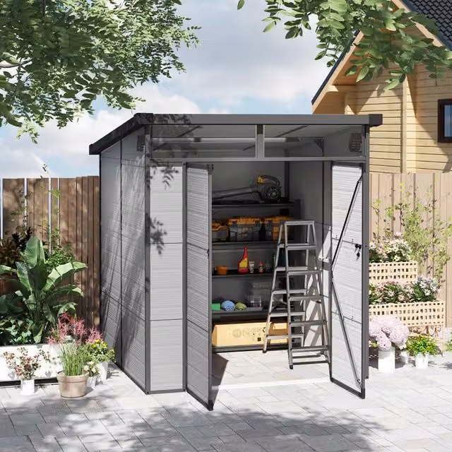 Outsunny Plastic Pent Shed with Windows and Air Vents, Light Grey, W/D/H: 182.88 x 182.88 x 200 cm