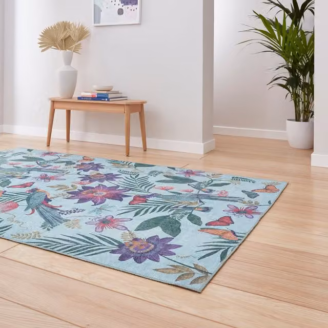 Catherine Lansfield Amaya Tropical Birds Washable Rectangular Flat Weave Rug in Purple and Multicolour