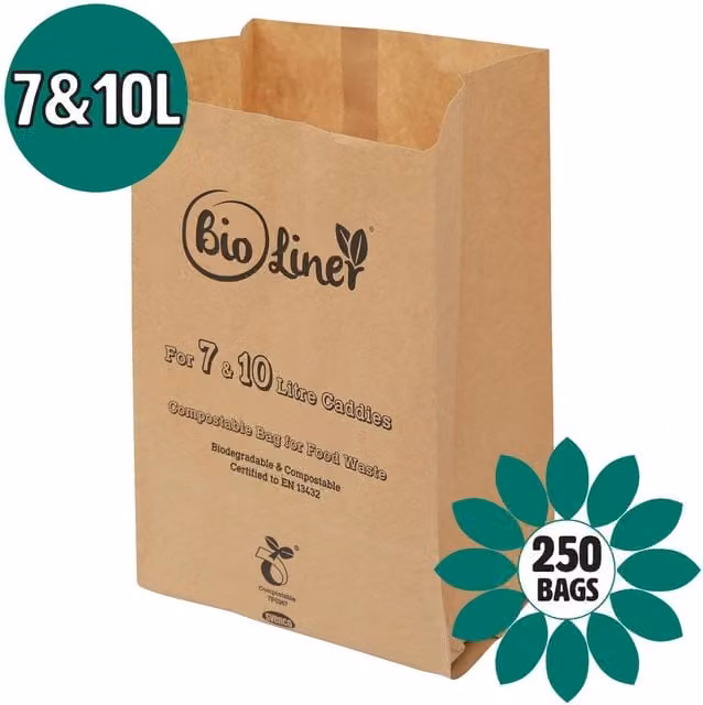 Bioliner Brown Compostable Paper Caddy Liners for 7 and 10L Bins, Medium, 250 Bags