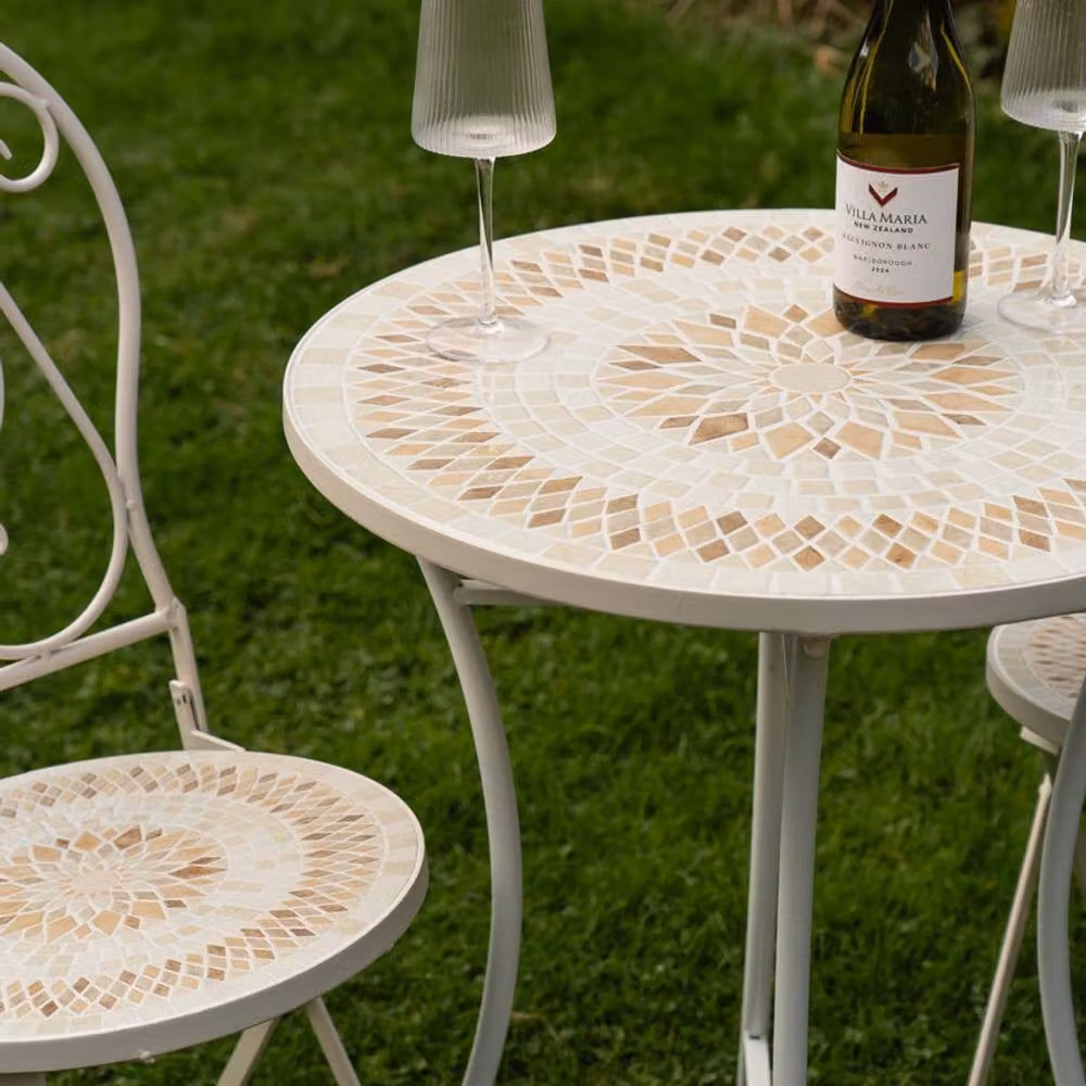 Scottish Everlastings Ltd Cream and Beige Geometric Mosaic Bistro Set with Metal and Ceramic Construction – 2