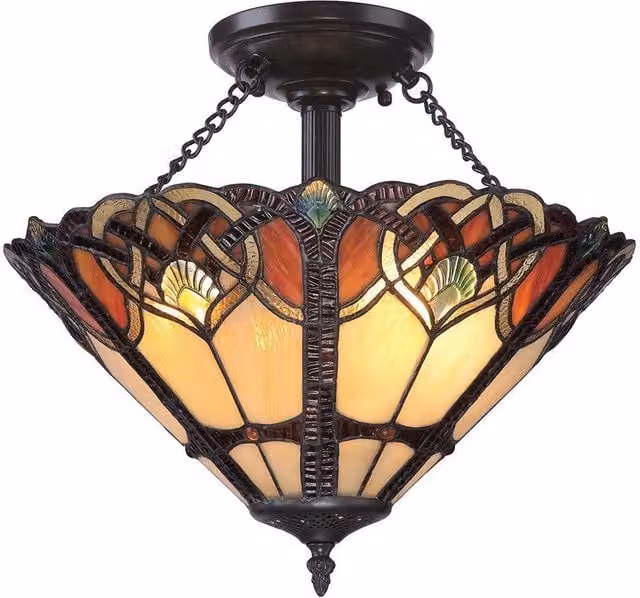 Netlighting Cambridge 2 Light Semi Flush Ceiling Light in Vintage Bronze with Multicolour Tiffany Glass and E27 Base