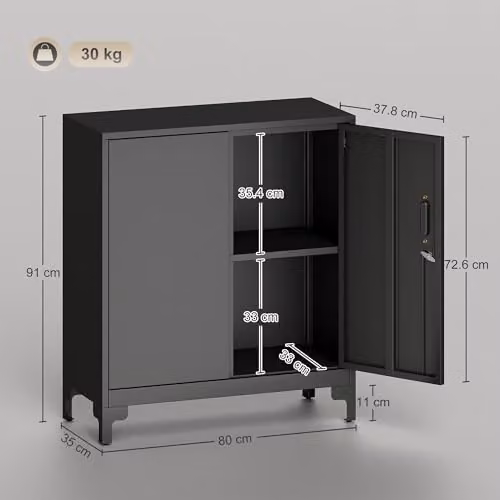 HOMCOM Lockable Metal Filing Cabinet with 2-Tier Storage and Hinged Doors, Black, W: 80 cm, D: 35 cm, H: 91 cm – 3