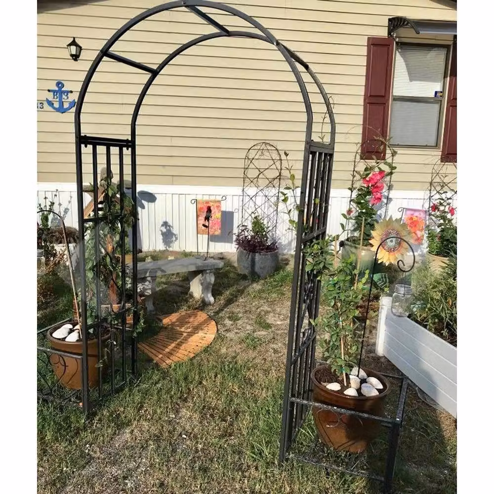 NESTLUNE Black Metal Garden Patio Arch with Planters and Trellis Rose Arbour – 3