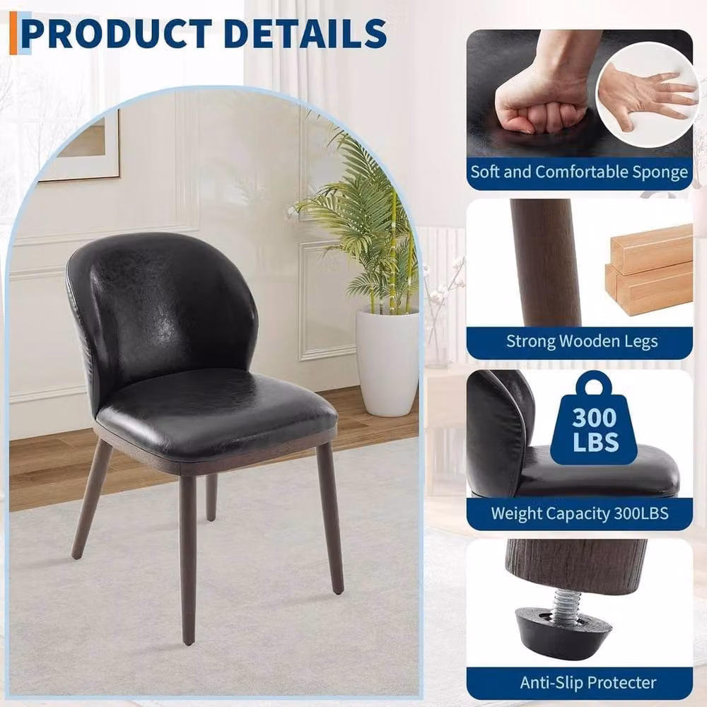 VOGREX Set of 2 Black Synthetic Leather Upholstered Dining Chairs with Ergonomic Back and Wood Legs – 3