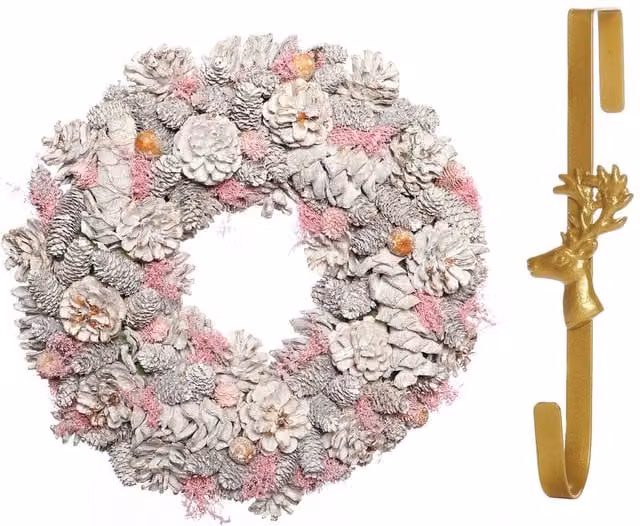 Dibor Pink and Silver Pinecone Christmas Wreath with Deer Hanger, Diameter: 39 cm