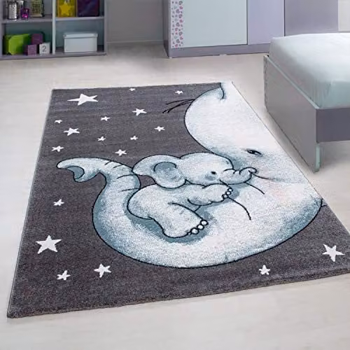 Bravich Blue Baby Elephant Kids Rug, W: 160 cm, D: 230 cm, OEKO-TEX Standard 100 Certified Anti-Allergic Childrens Play Mat