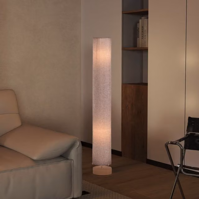 HOMCOM Modern Grey Floor Lamp with Fabric Cylinder Shade and Wood Accents, Height: 120 cm
