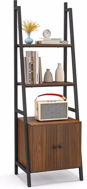Costway 4-Tier Industrial Ladder Bookshelf with Cabinet in Brown