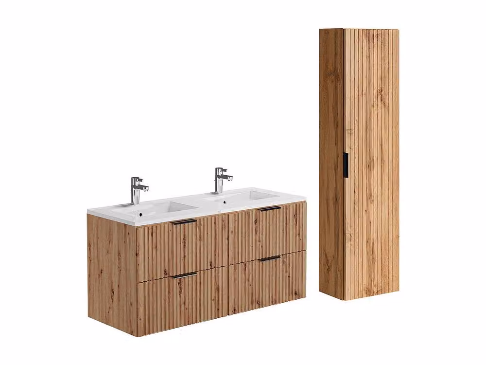 Vente-unique Ribbed Suspended Bathroom Vanity Unit with Inset Basin and Column in Light Oak – 2
