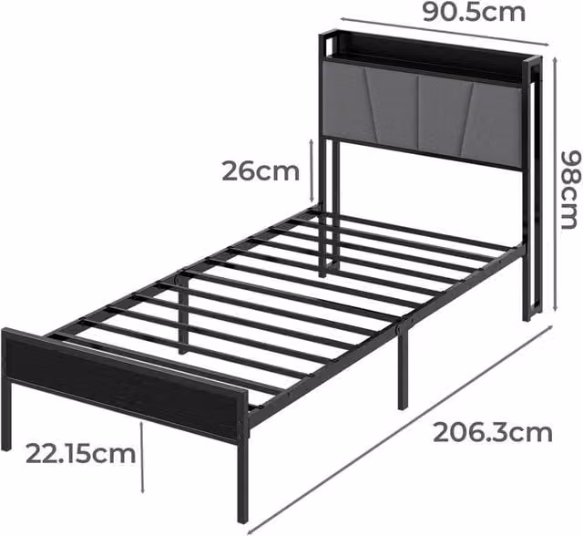Nordara Single Metal Platform Bed Frame with Upholstered Headboard in Black, W/D/H: 90 x 190 cm