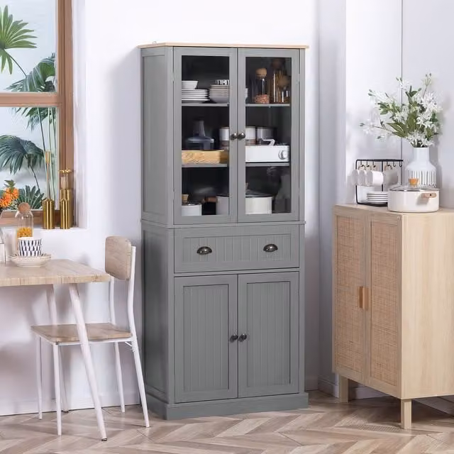 HOMCOM Grey Tall Kitchen Cupboard and Storage Cabinet with Glass Doors and Internal Drawers