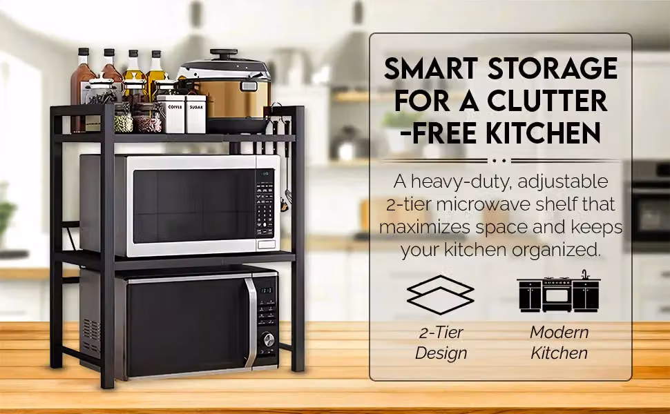Hygrad 2-Tier Heavy Duty Extendable and Adjustable Microwave Oven Stand in Black Metal with 3 Hooks – 5