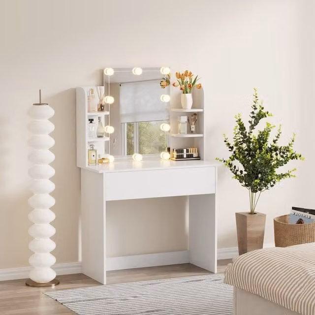 WestWood Hollywood LED Dressing Table with Large Drawer and Side Shelves in White