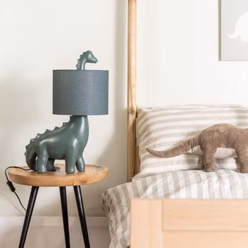 ValueLights Green Dinosaur Kids Table Lamp with Fabric Drum Shade and Warm White Bulb – 2