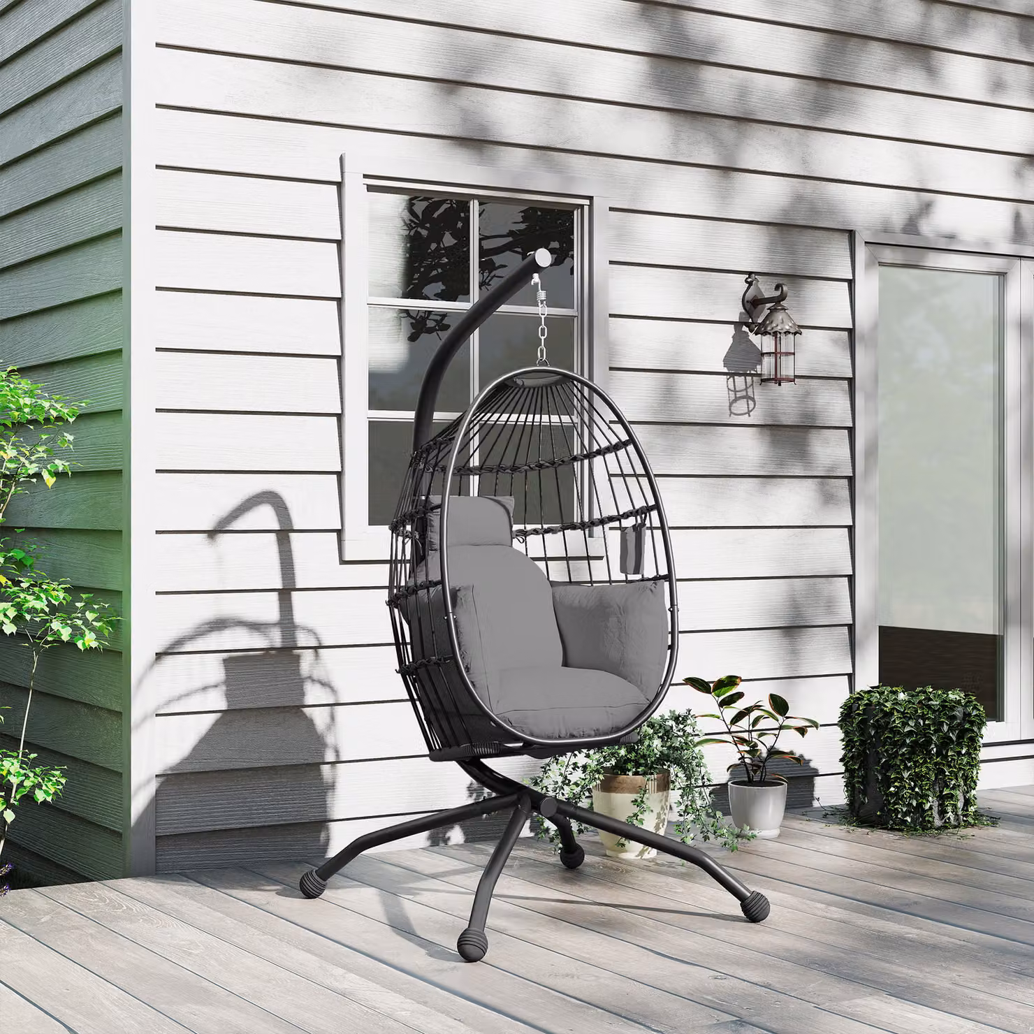 Outsunny Hanging Egg Chair with Stand and Cushions, Dark Grey Rattan Swing Chair for Indoor and Outdoor Use – 8