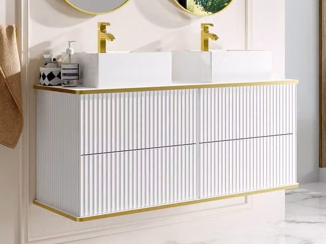 Vente-unique Ribbed White and Gold Edge Suspended Double Bathroom Vanity W/D/H: 120 x 47 x 54 cm