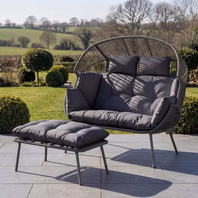 Artemis Home Cocona 2 Seat Standing Egg Chair and Stool with Sun Canopy and Cushions in Grey