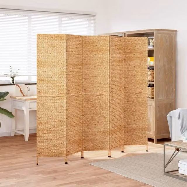 Berkfield Home 5-Panel Room Divider in Brown Water Hyacinth and Rattan, H 205 cm x W 180 cm