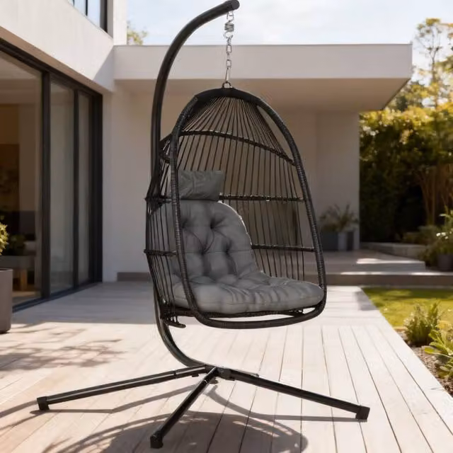 ERGOVEXA Rattan Hanging Egg Chair with Stand in Dark Grey