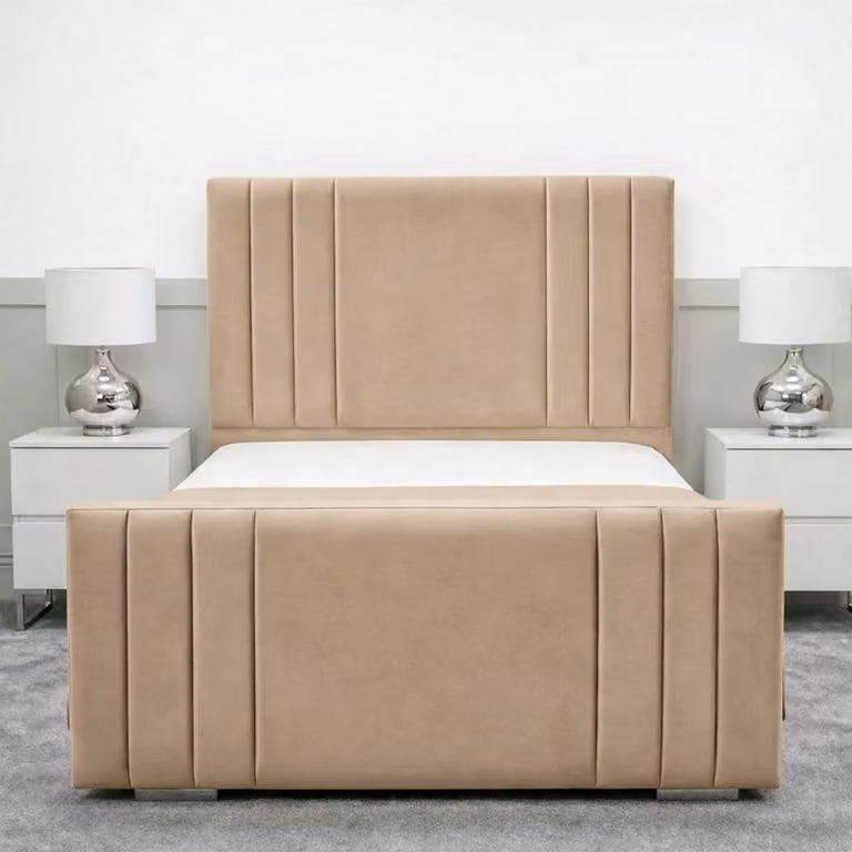 Living Comfort Bedz Canberra Double Upholstered Plush Velvet Bed with Slatted Base and 48 Inch Headboard in Beige, W/D/H: 140 x 200 cm