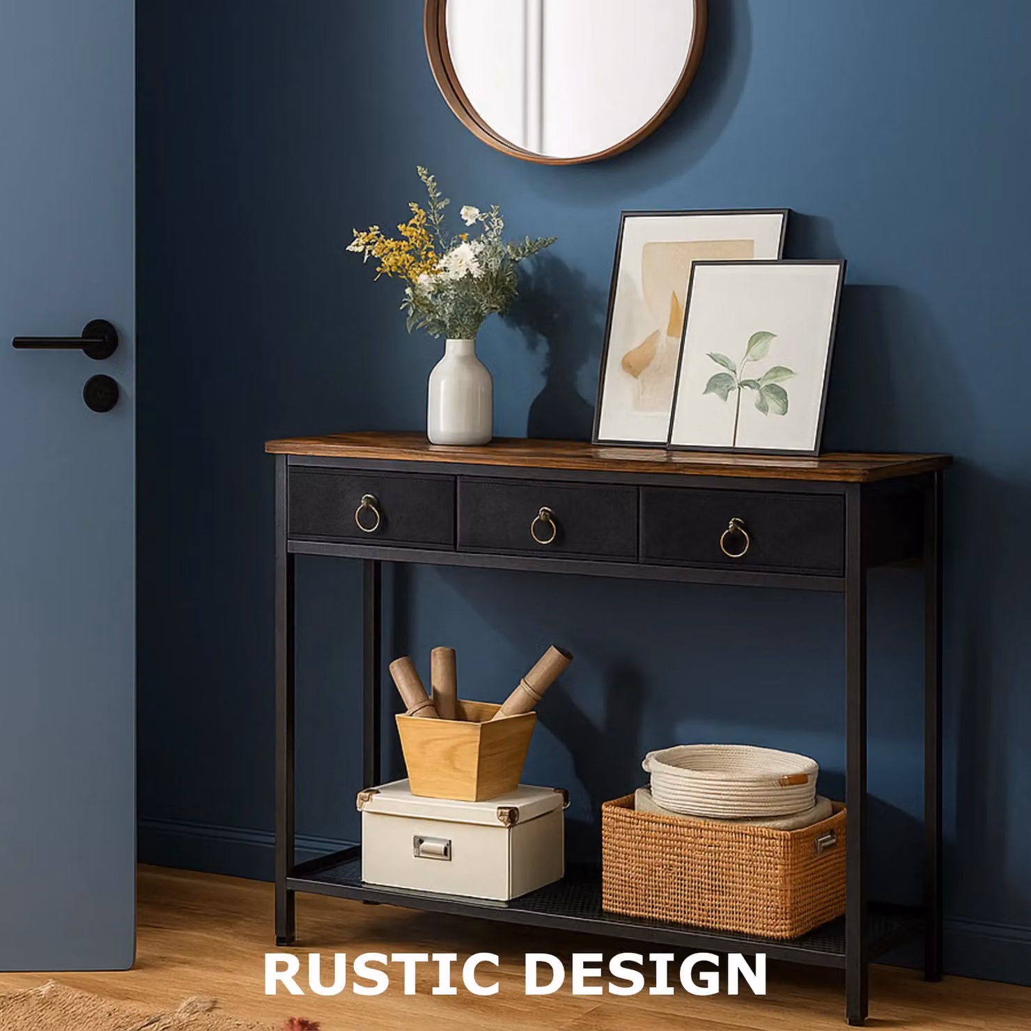 Storvo Slim Console Table with 3 Non-woven Drawers in Brown, W/D/H: 80 x 25 x 100 cm – 8