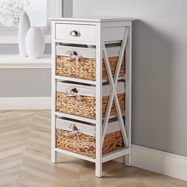 Home Source Dartmouth 3 Wicker Basket Drawer Chest Storage Unit in White