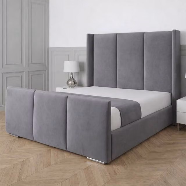 UK Bed Furniture Miami Grey Velvet Wingback Upholstered Bed with Slatted Base, W/D/H: 120 x 200 cm