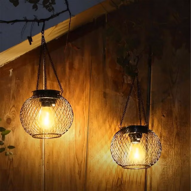 Livingandhome 2-Piece Black Metal Solar Hanging Garden Lanterns with Dusk Sensor and Warm White Light