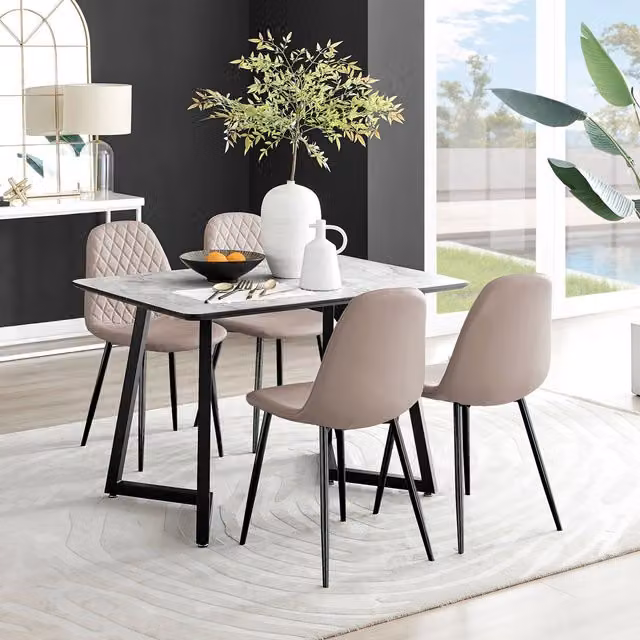 FurnitureboxUK Carson White Marble Effect Dining Table and 4 Corona Black Leg Chairs in Beige – 1