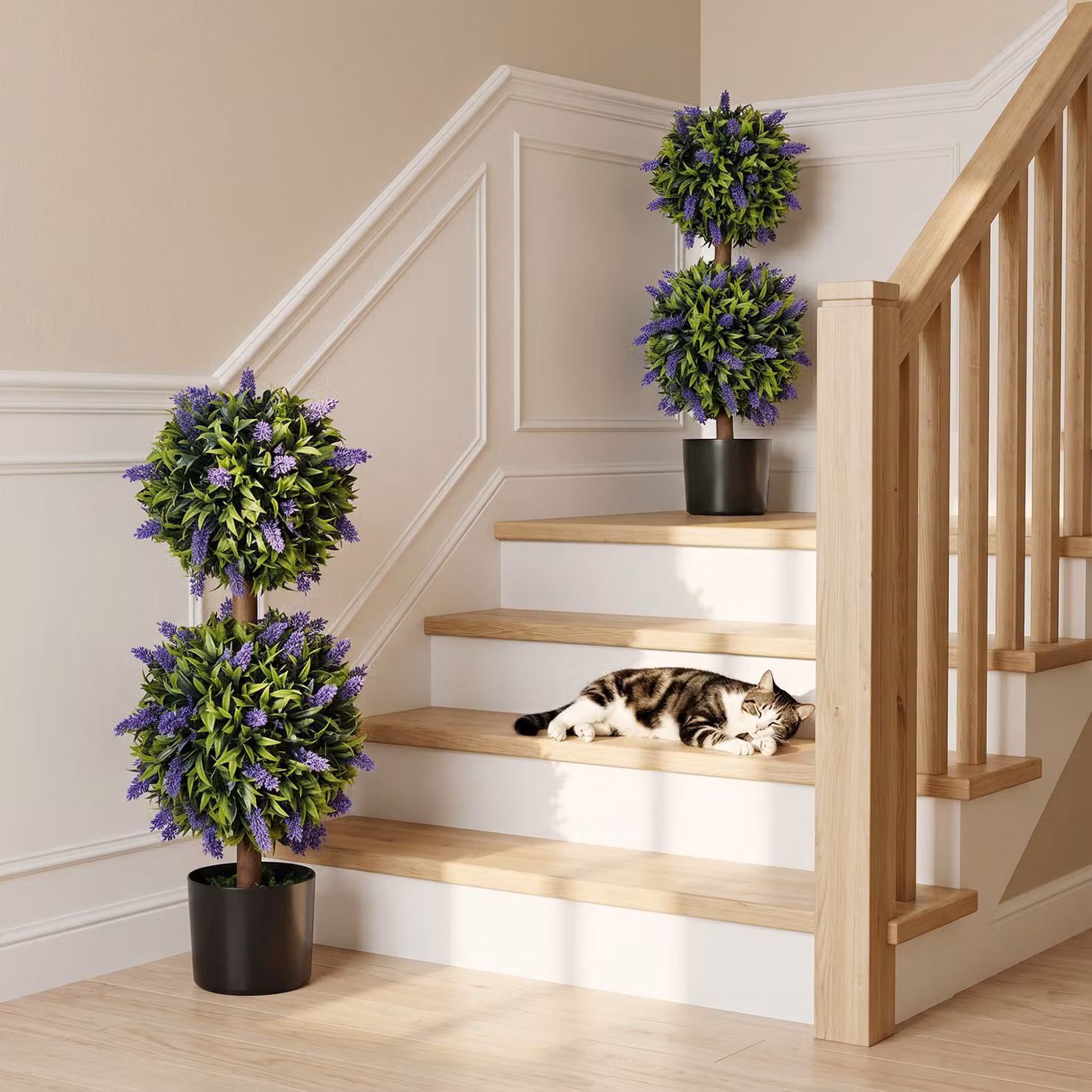 HOMCOM Set of 2 Purple and Green Artificial Lavender Flower Ball Trees with Concrete Pots, Height: 70 cm – 7