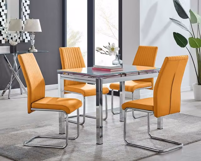 FurnitureboxUK Enna White Glass Extending 4-6 Seater Dining Table and 4 Lorenzo Mustard Faux Leather Chairs – 1