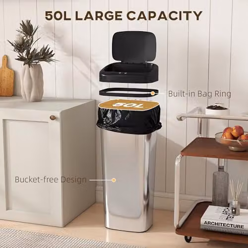 HOMCOM 50L Silver Stainless Steel Fingerprint-Proof Sensor Slim Kitchen Bin – 5
